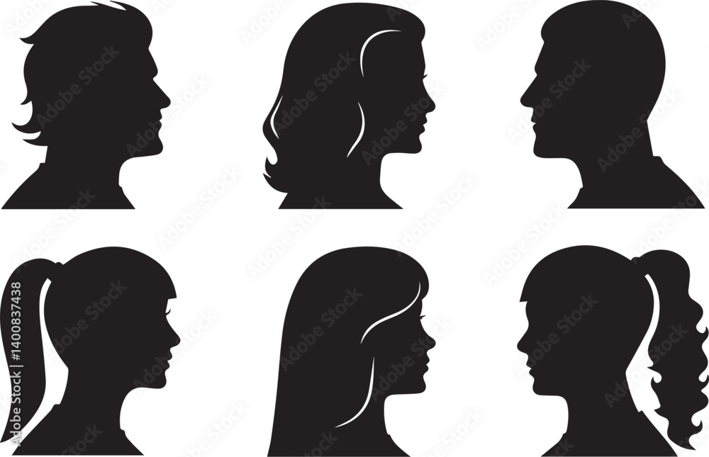 Fototapeta premium Minimalist Black & White Silhouette Portraits with Diverse Hairstyles & Side Profiles