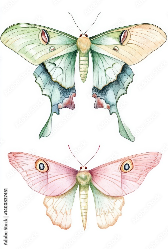 Obraz premium Three captivating moth species showcase their beauty in soft pastel colors