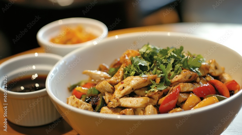 A bowl of chicken noodles with vegetables, featuring a colorful and delicious stir-fry. A bowl of chicken noodles with vegetables, featuring a colorful and delicious stir-fry.