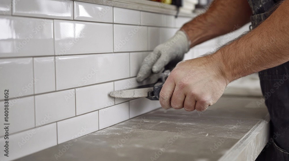 Tiler cutting tiles for a kitchen backsplash installation. Featuring precision and design Tiler cutting tiles for a kitchen backsplash installation. Featuring precision and design
