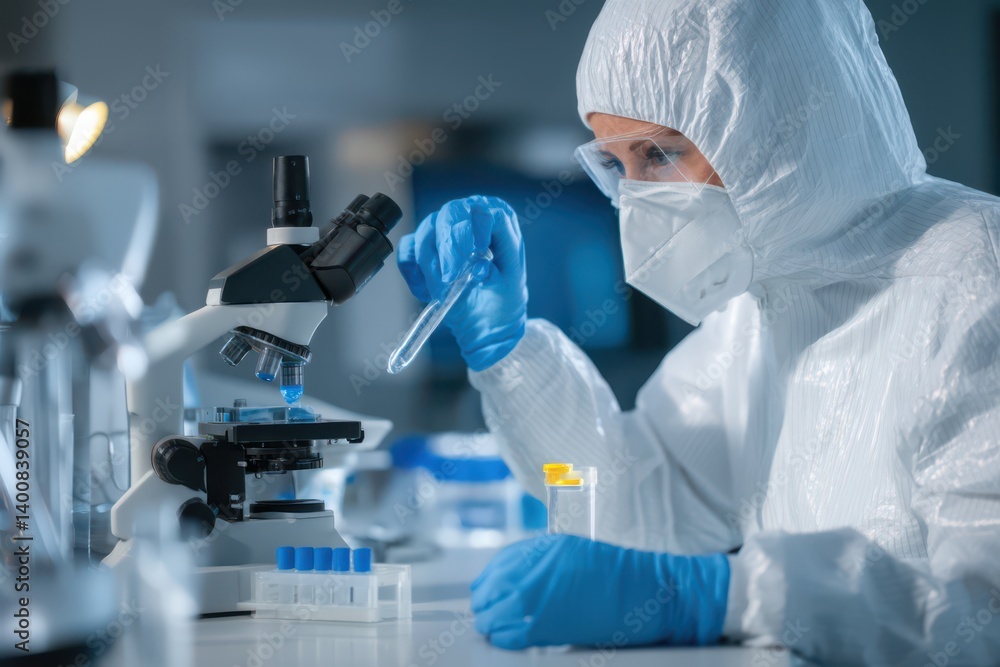 Female scientist in a protective suit working with a test tube and microscope at a laboratory
Female scientist in a protective suit working with a test tube and microscope at a laboratory