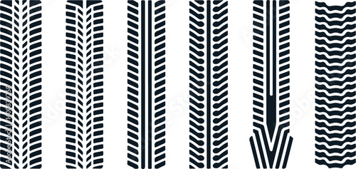 Set of black tire track vector patterns, grunge vehicle wheel imprint designs for automotive, off-road, racing and transportation graphics