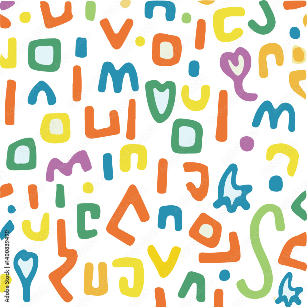 Memphis geometric seamless pattern. Multicolor abstract background in retro 80s, 90s style with various shapes: circles, semicircles, dots, zigzags, spirals, wavy lines. Cute kid doodle design Memphis geometric seamless pattern. Multicolor abstract background in retro 80s, 90s style with various shapes: circles, semicircles, dots, zigzags, spirals, wavy lines. Cute kid doodle design