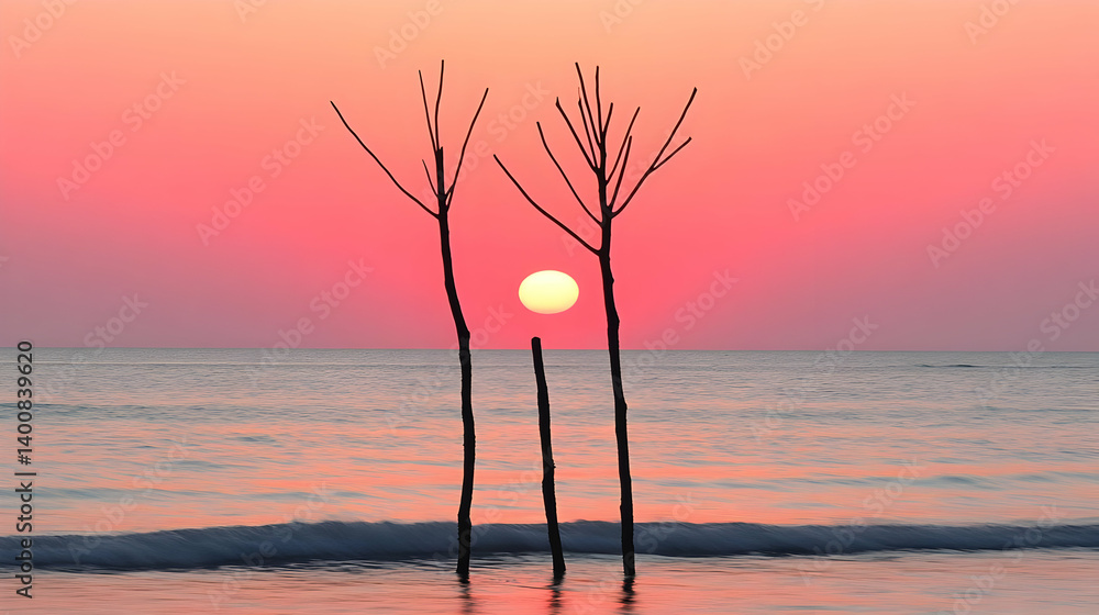 Scenic Ocean Sunset with Silhouetted Plant Reflections on the Water Under a Vivid Sky with Pink and Orange Tones at Golden Hour