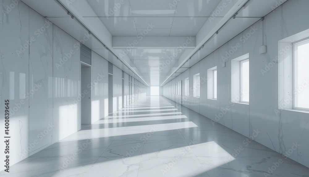Obraz premium Modern Minimalist Architecture Long White Corridor with Sunlight Streaming Through Windows