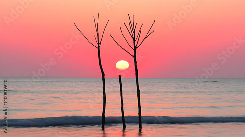 Obraz na płótnie Scenic Ocean Sunset with Silhouetted Plant Reflections on the Water Under a Vivid Sky with Pink and Orange Tones at Golden Hour w salonie