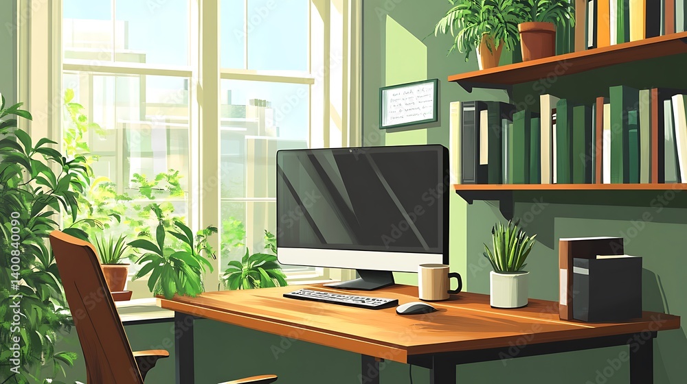 Home office setup with computer plants and books for remote work space Home office setup with computer plants and books for remote work space
