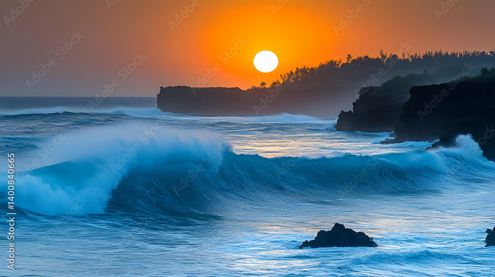Scenic Ocean Wave Splashing Against Rocky Coastline During Golden Sunset With Orange Sky And Silhouetted Tropical Forest