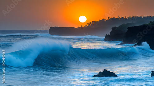 Obraz na płótnie Scenic Ocean Wave Splashing Against Rocky Coastline During Golden Sunset With Orange Sky And Silhouetted Tropical Forest w salonie