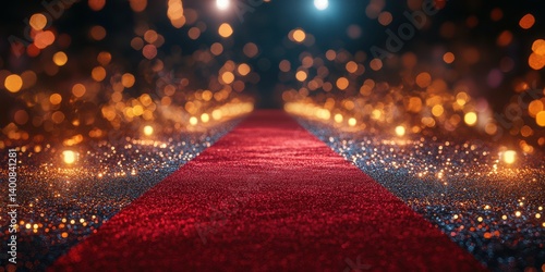 Luxurious red carpet event with sparkling lights and glimmering background decor in a grand venue