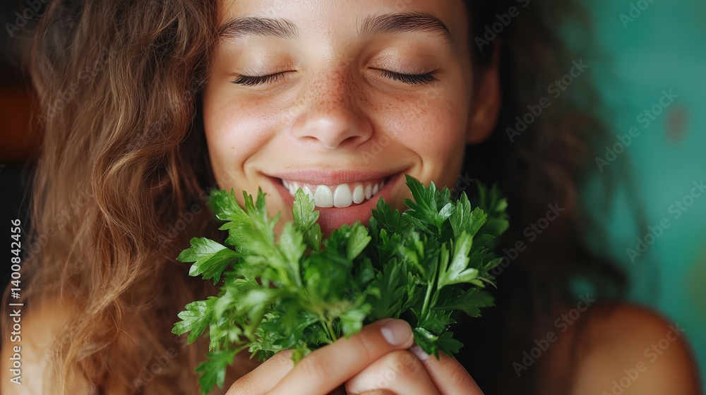 Young white woman smiling with eyes closed holding fresh green parsley. Indoor portrait with natural emotion Young white woman smiling with eyes closed holding fresh green parsley. Indoor portrait with natural emotion