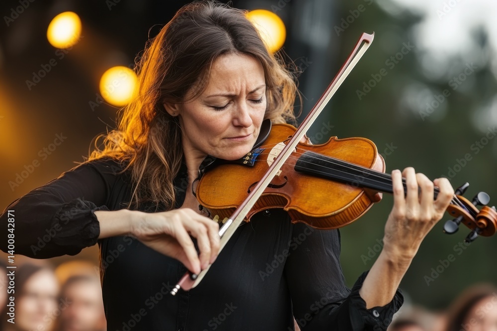 Emotion flows from a talented violinist captivating an audience at an outdoor concert in the golden light of dusk Emotion flows from a talented violinist captivating an audience at an outdoor concert in the golden light of dusk
