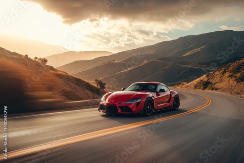 A vibrant red supercar races along a winding mountain road bathed in golden hour light, showcasing speed and luxury against a blurred, scenic backdrop.
