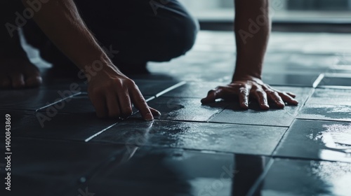 Tiler placing tiles on a bathroom floor. Featuring precision and neatness