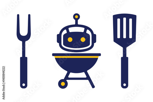 Robot BBQ grill icon set. Barbecue, bar-b-q, spatula, grill fork vector illustration	