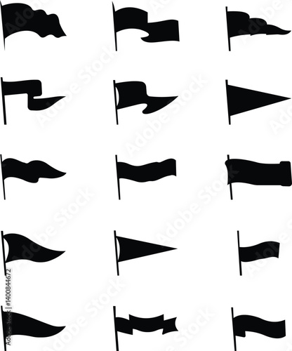 Retro pennant white and black flags icon set, banner pendants flagpoles, vector icons. Sport camp or university and varsity club pennants, blank waving flag poles, outline signs transparent background