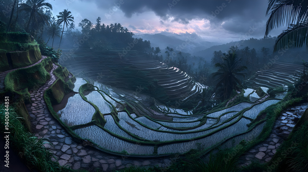 Scenic Rice Terraces Landscape Under Dramatic Skies with Lush Greenery and Water Reflections Agriculture Farming Valley and Tropical Ambiance