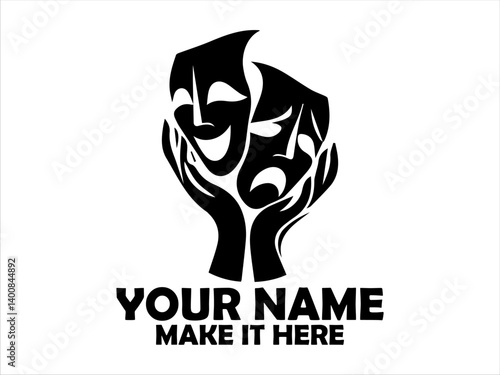 Monochromatic illustration of hands gracefully holding theatrical comedy and tragedy masks. Tatoo and logo vector design