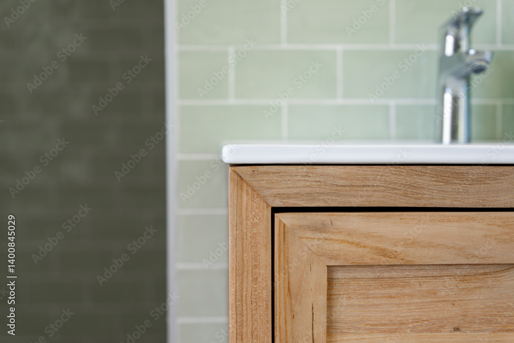 Fototapeta premium Gros plan sur un meuble en bois dans une salle de bain rénovée, avec carrelage vert clair en arrière-plan.