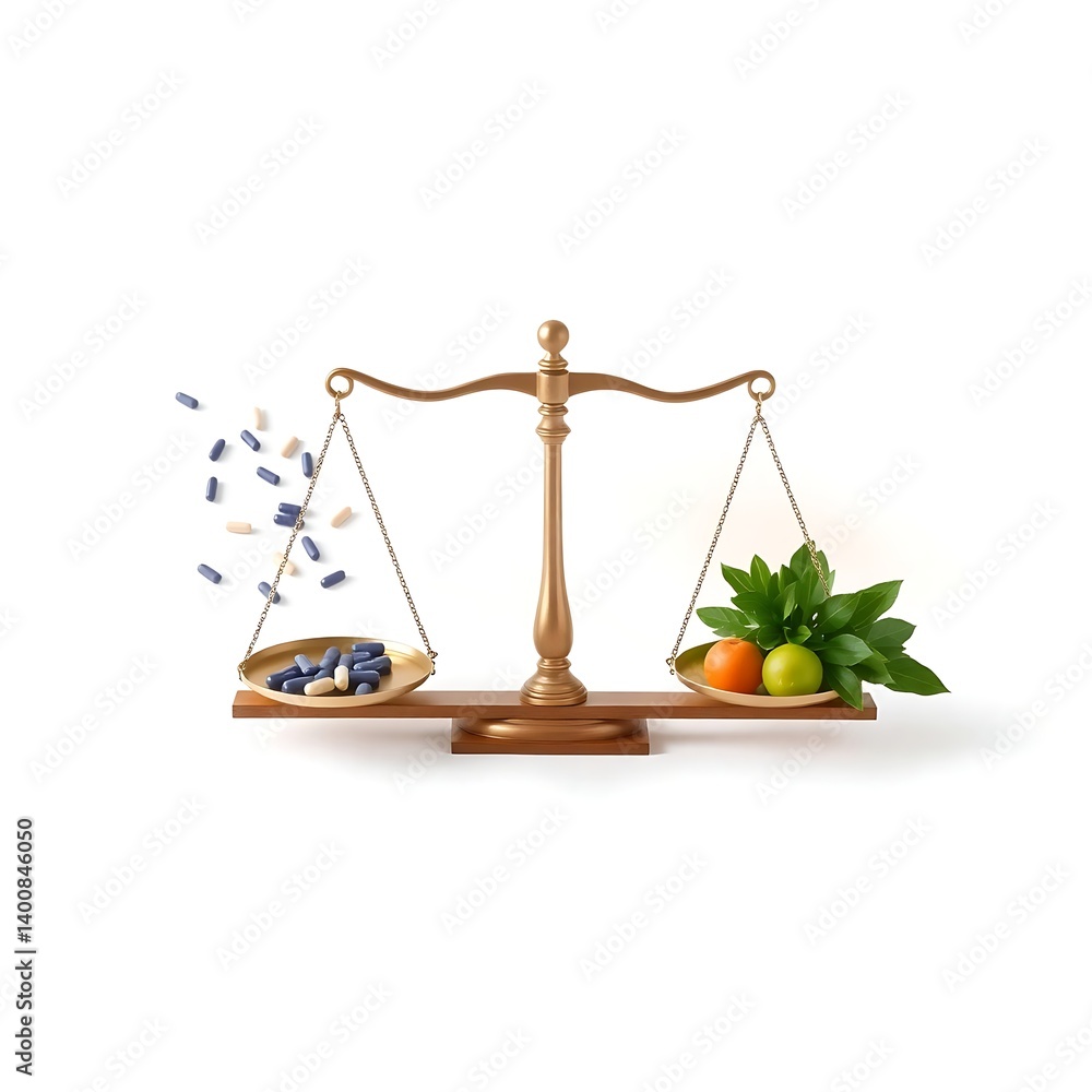 Flat banner design with clean composition showing balance scale — drugs on one side, healthy life on the other Flat banner design with clean composition showing balance scale — drugs on one side, healthy life on the other