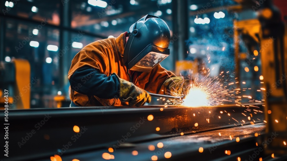 Welder fusing two metal sections together on a construction framework. Featuring sparks and concentration