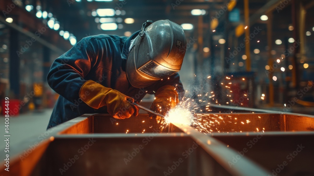 Welder fusing two metal sections together on a construction framework. Featuring sparks and concentration Welder fusing two metal sections together on a construction framework. Featuring sparks and concentration