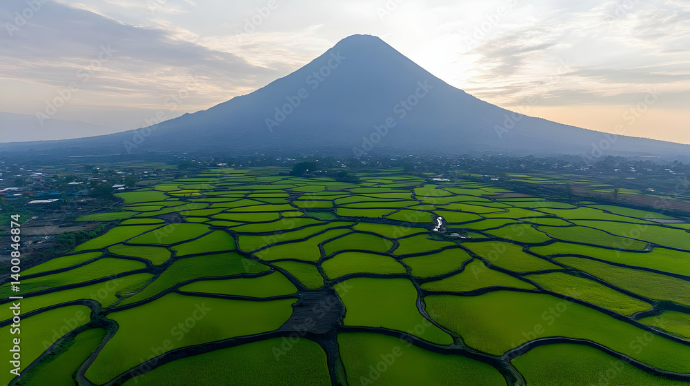 Scenic Rice Terraces with Lush Green Fields Below Pixelated Mountain Range Under Pale Sky in Rural Landscape