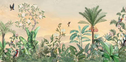 Chinoiseries Wall Mural, Watercolor Background, Birds, Tropical Tree.