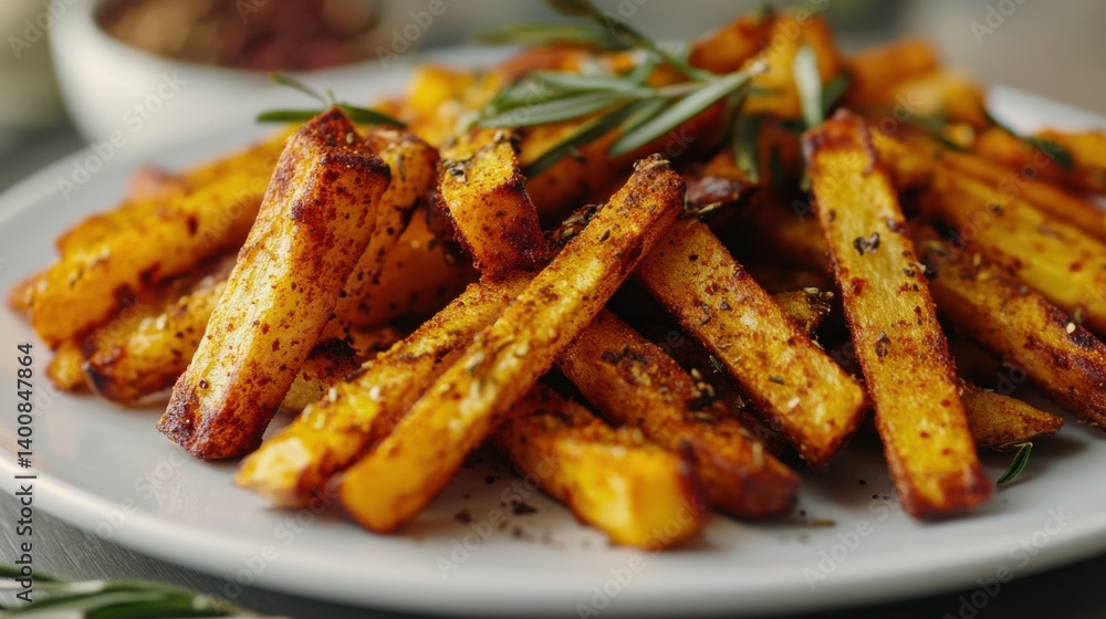 Fototapeta premium A plate of sweet potato fries with herbs, presented on a white plate.