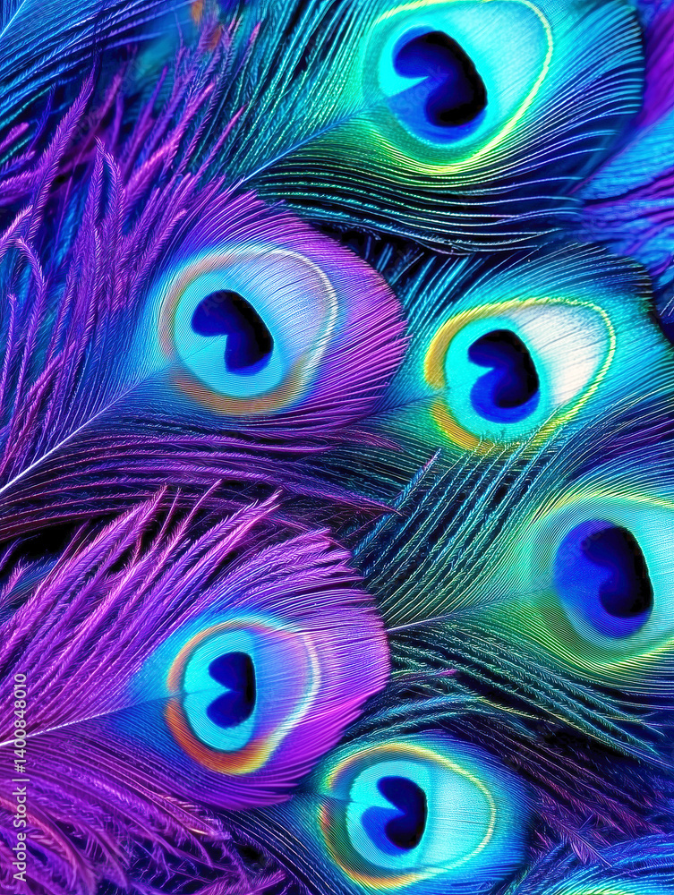 Obraz premium Vivid peacock feathers display striking colors and intricate patterns, combining shades of blue, green, and purple. This background captivates with its unique design and natural beauty Generative AI
