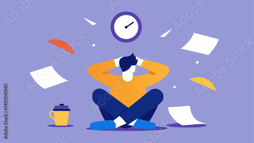 Spinning Time A character in a simple outfit is seen sitting with their back slumped against the chair and their head is pressed deeply into their hands. Papers swirl around them