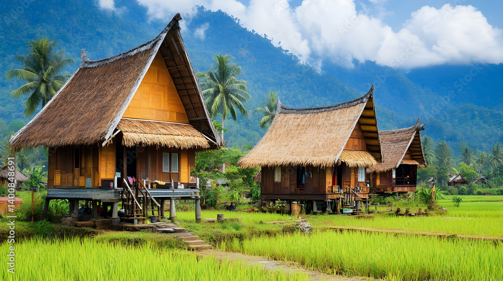 Scenic Rural Landscape with Traditional Houses and Lush Green Fields Against Mountain Backdrop Under Bright Blue Sky with White Clouds