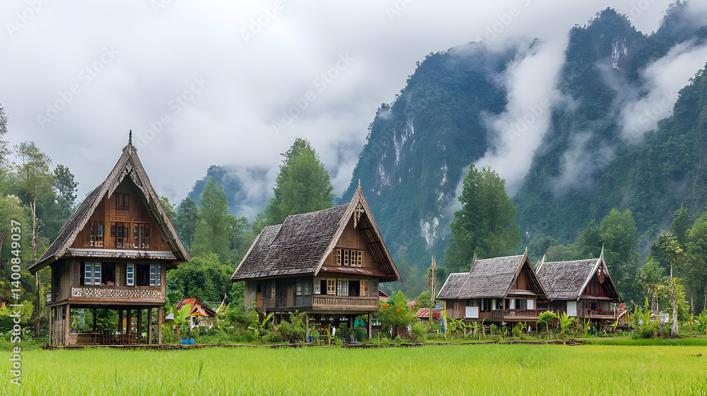 Scenic Rural Landscape with Traditional Wooden Houses Against Green Mountains and Overcast Sky in Bright Daylight Exterior Shot