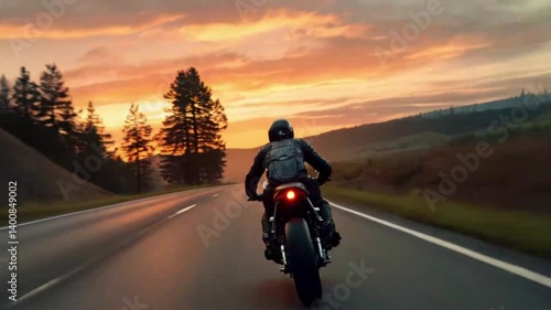 Wallpaper Mural Motorcyclist Riding Into the Sunset on an Open Highway Through Scenic Forested Hills with Dramatic Sky Colors Torontodigital.ca