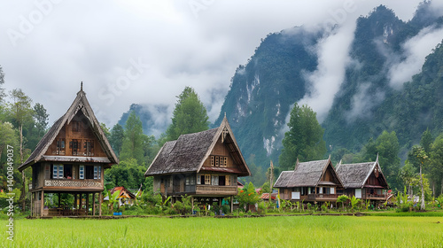 Obraz na płótnie Scenic Rural Landscape with Traditional Wooden Houses Against Green Mountains and Overcast Sky in Bright Daylight Exterior Shot w salonie
