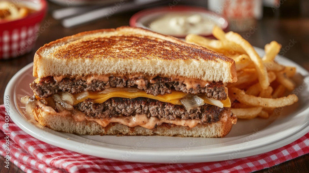 A patty melt sandwich with fries, featuring a burger patty, cheese, and onions between toasted bread. A patty melt sandwich with fries, featuring a burger patty, cheese, and onions between toasted bread.