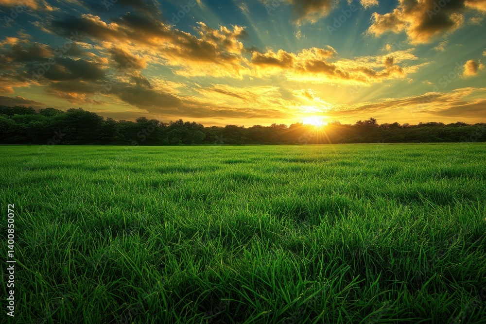 A vibrant green field stretches to the horizon under a golden sunset with dramatic clouds above it all A vibrant green field stretches to the horizon under a golden sunset with dramatic clouds above it all