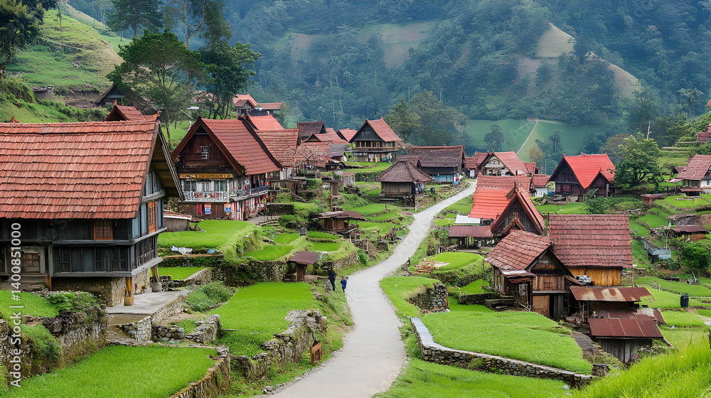 Scenic Rural Village with Terraced Green Hills and Traditional Wooden Houses in Mountain Landscape With Red Tile Roofs