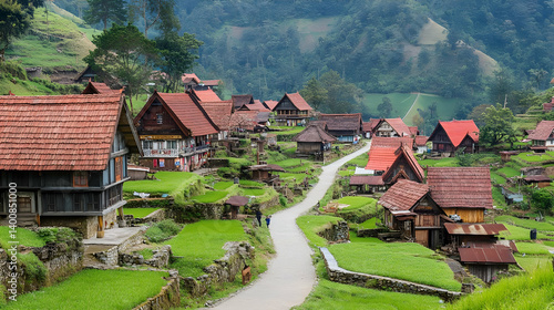 Obraz na płótnie Scenic Rural Village with Terraced Green Hills and Traditional Wooden Houses in Mountain Landscape With Red Tile Roofs w salonie