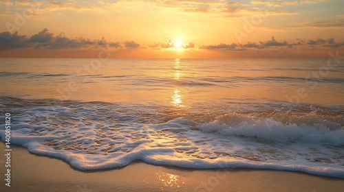 New Years sunrise the beach A peaceful ocean scene with the first sunrise of the year soft waves and golden sky