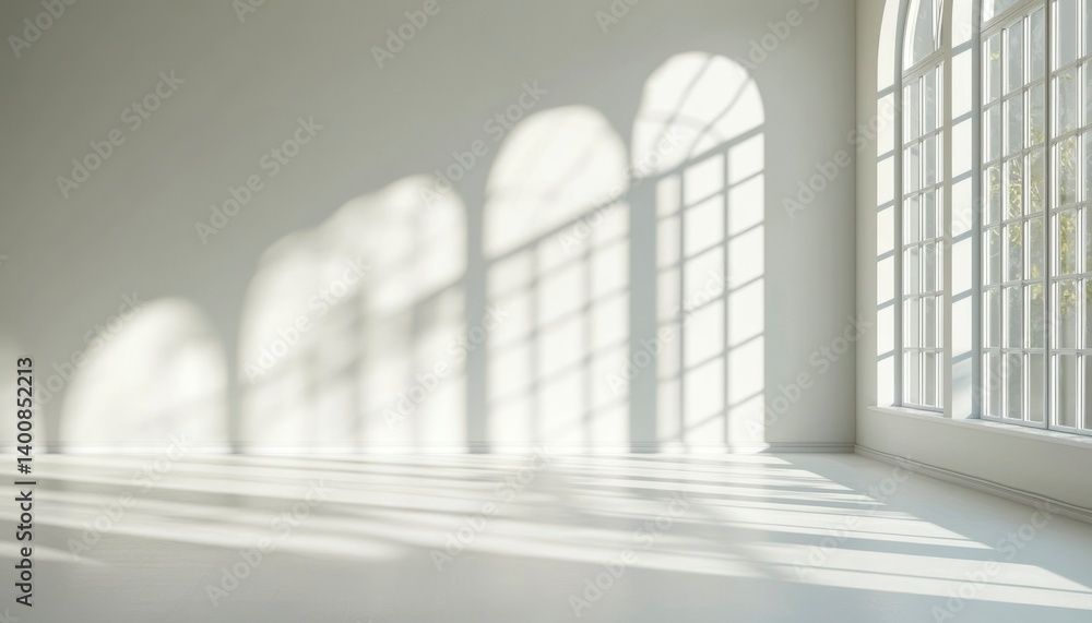 Fototapeta premium Sunlight casts shadows on a bright, empty room