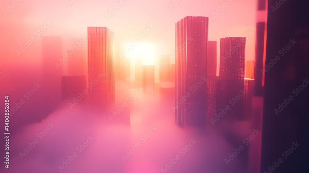 Cityscape Emerging From Fog with Pink and Orange Hues at Sunset Cityscape Emerging From Fog with Pink and Orange Hues at Sunset