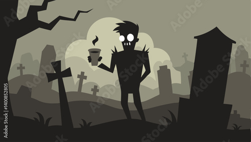 Graveyard Scene Illustrate a foggy graveyard at dawn with a zombie emerging from a cracked gravestone. The zombie has tattered clothes and a cheerful expression holding a steaming