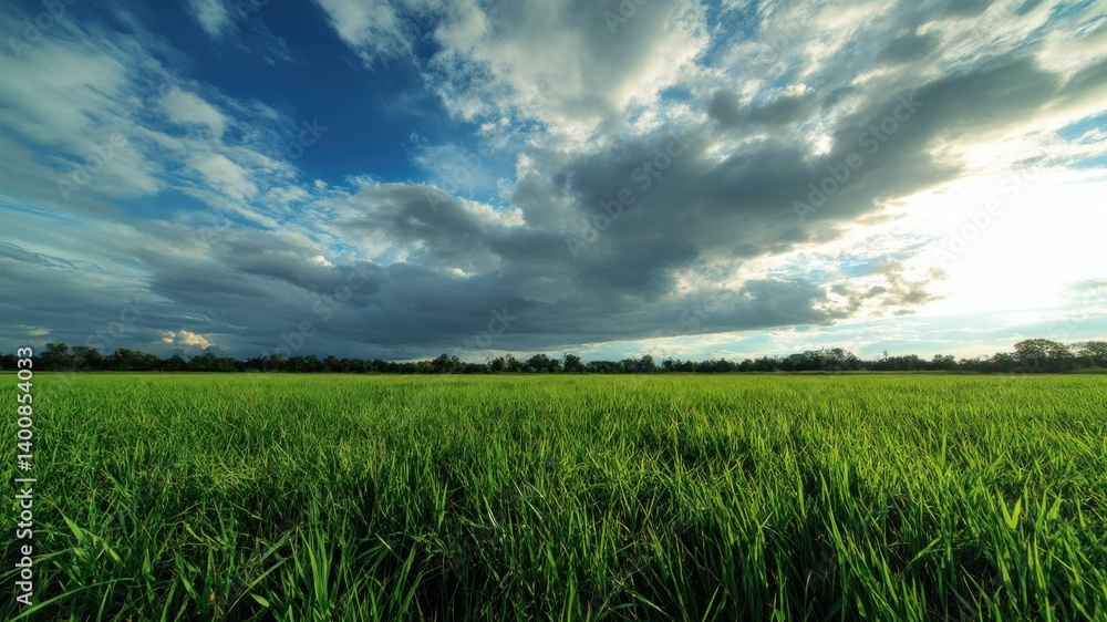 A wide shot of a lush green field under a dynamic sky with clouds. A wide shot of a lush green field under a dynamic sky with clouds.