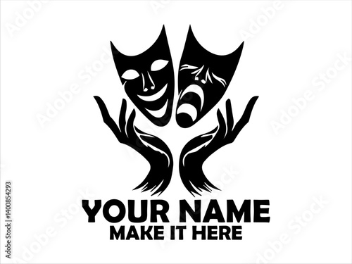 Monochromatic illustration of hands gracefully holding theatrical comedy and tragedy masks. Tatoo and logo vector design