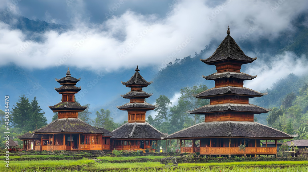 Scenic Traditional Balinese Temple Under Cloudy Sky in Mountains With Green Rice Fields and Wooden Structures Near Bedugul Bali Indonesia