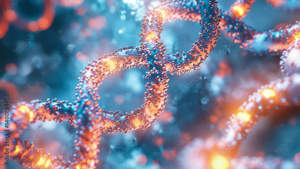 Detailed 3D render of bioengineered DNA strands, featuring sci-fi lighting and particle effects, great for genetic science, medical animation, or tech branding. Detailed 3D render of bioengineered DNA strands, featuring sci-fi lighting and particle effects, great for genetic science, medical animation, or tech branding.