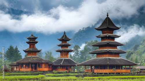 Obraz na płótnie Scenic Traditional Balinese Temple Under Cloudy Sky in Mountains With Green Rice Fields and Wooden Structures Near Bedugul Bali Indonesia w salonie