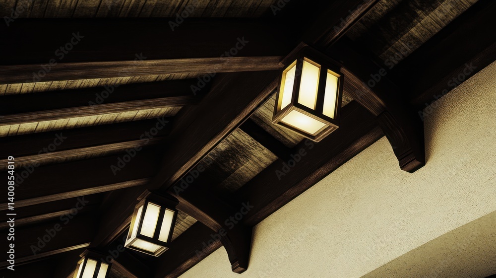Obraz premium Illuminated lights adorn a wooden ceiling structure in a dimly lit space