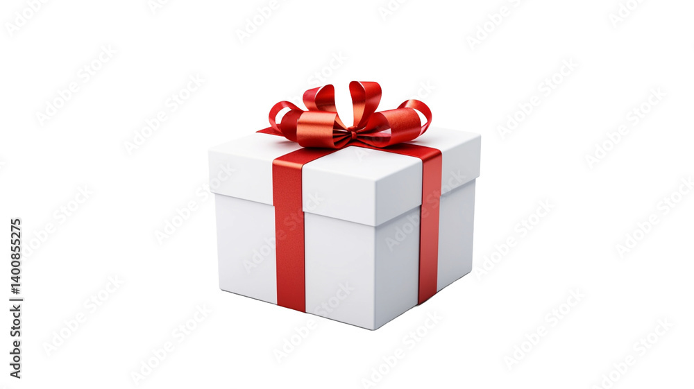 Fototapeta premium Gift white box with red ribbon on transparent background. 